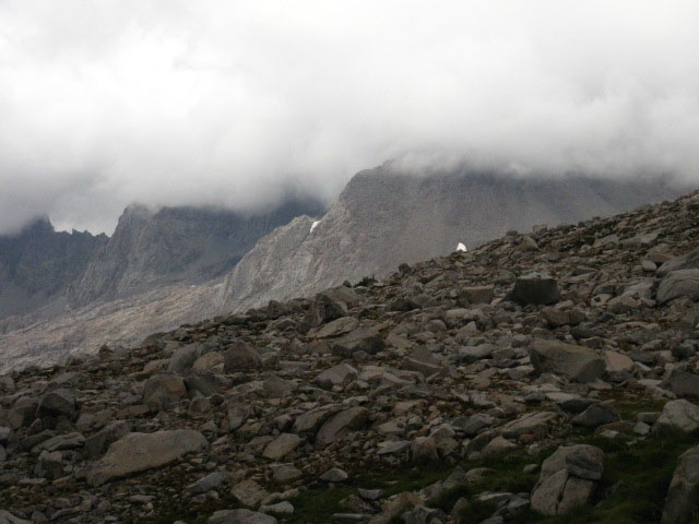 Pallasades on the John Muir Trail submerged in clouds.